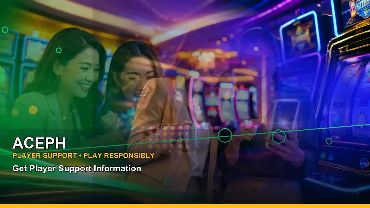 ACEPH first casino deposit and wallet options featuring an adult Filipina casino host with a panoramic reel composition